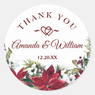 Sticker Rond Rouge Poinsettia Floral Mariage de Noël Merci