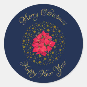 Sticker Rond Rouge Poinsettia Plante sur un ciel étoilé brillan