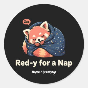 Sticker Rond Rouge Prêt Pour Une Sieste Mignon Panda Roux Kawai