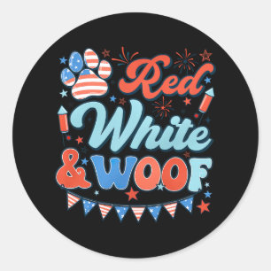 Sticker Rond Rouge rétro Blanc et Woof Us Drapeau Chien Paw Hap