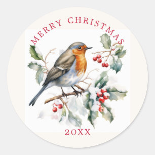 Sticker Rond Rouge Robin Holly Baie Rouge de Noël