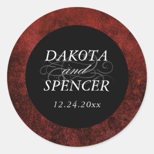Sticker Rond Rouge Rubis Cramoisi Noms de Mariage Grunge Clas
