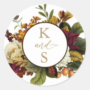 Sticker Rond Rouge rustique Orange Floral Bouquet Mariage Mono