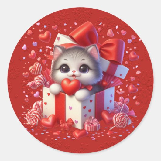 Sticker Rond Rouge Saint Valentin Kitten Dans Une Boîte Coeurs (Devant)