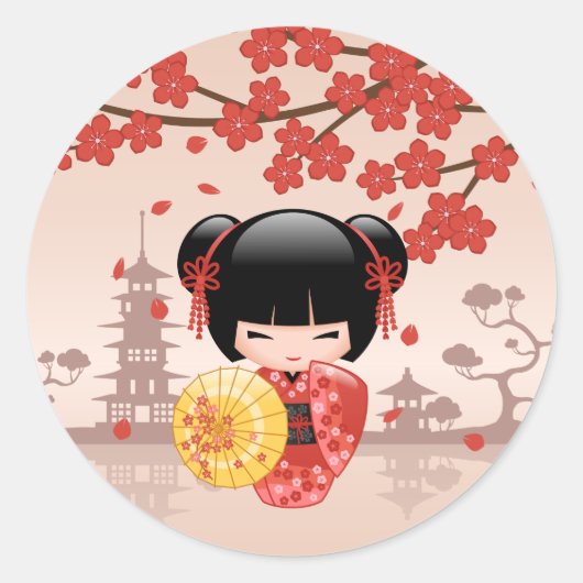 Sticker Rond Rouge Sakura Kokeshi Poupée Japonaise Geisha Beige (Devant)