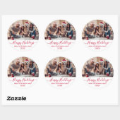 Sticker Rond Rouge Script Blanc Photo Famille Joyeux Vacances (Feuille)