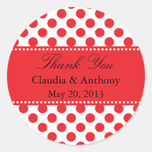 Sticker Rond Rouge sur blanc Polka Dot Merci Mariage