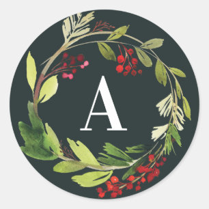 Sticker Rond Rouge + vert aquarelle feuillage initial Noël