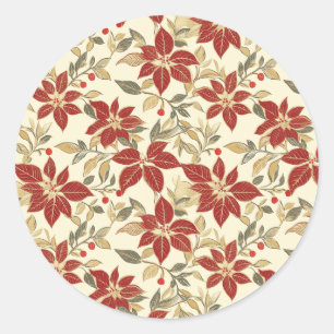 Sticker Rond Rouge Vert Vintage Poinsettias Noël