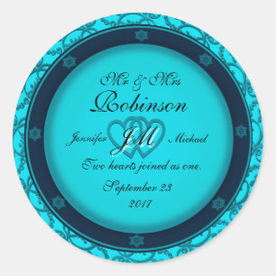 Sticker Rond Rougeoyer bleu de monogramme de deux coeurs
