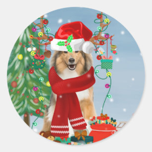 Sticker Rond Rough Collie Chien dans neige cadeau de Noël