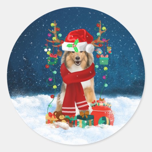 Sticker Rond Rough Collie Chien en neige avec cadeaux de Noël (Devant)