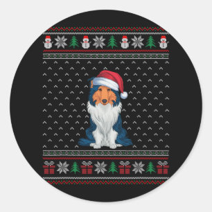 Sticker Rond Rough Collie Chien Portant le chapeau de Noël Ugly