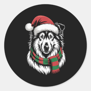 Sticker Rond Rough Collie Chien Xmas Chapeau de Père Noël Échar