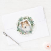 Sticker Rond Rough Collie Christmas Wreath Festive Pup (Enveloppe)