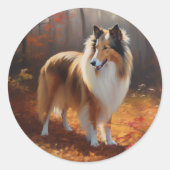 Sticker Rond Rough Collie dans l'automne Leaves automne Inspire (Devant)