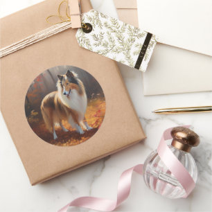 Sticker Rond Rough Collie dans l'automne Leaves automne Inspire