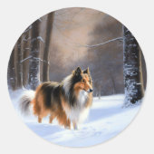 Sticker Rond Rough Collie Vive la neige Noël (Devant)