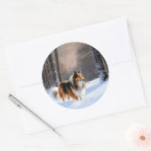 Sticker Rond Rough Collie Vive la neige Noël (Enveloppe)