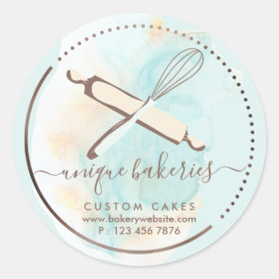 Sticker Rond Rouleau à pâtisserie en ivoire bleu doux Fouet Pât