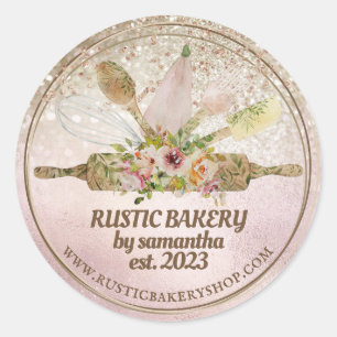 Sticker Rond Rouleau à pâtisserie en or rose pailleté fouet bou