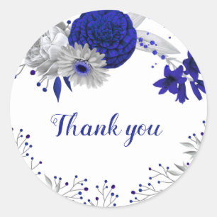 Sticker Rond royal bleu & argent fleurs merci