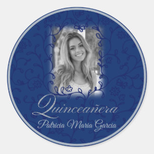 Sticker Rond Royal bleu photo quinceañera florale vignes classi