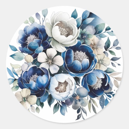Sticker Rond Royal Blue and Silver Glittery Peony Mariage (Devant)