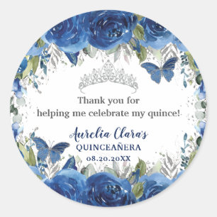 Sticker Rond Royal Blue Floral Papillons Rose Couronne d'argent
