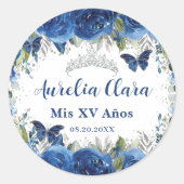 Sticker Rond Royal Blue Floral Papillons Rose Couronne d'argent (Devant)