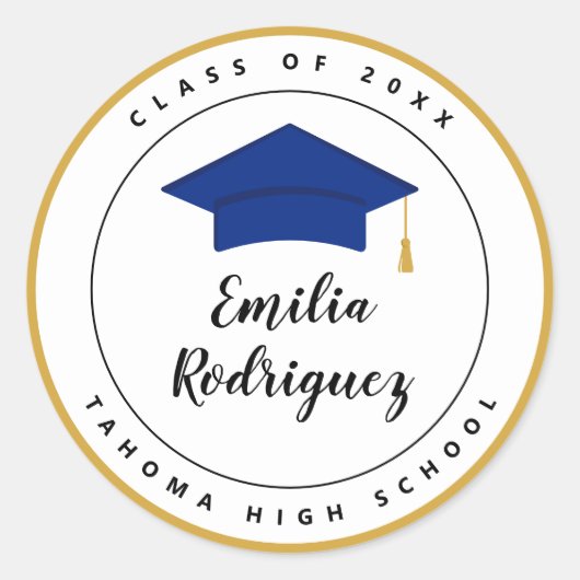 Sticker Rond Royal Blue Jaune Gold Graduation Cap Sceau (Devant)
