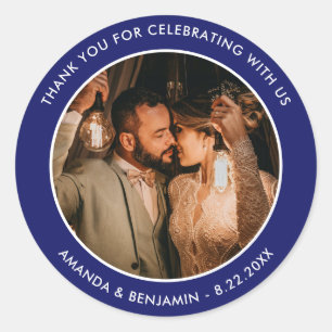 Sticker Rond Royal Blue Modern Merci Photo Mariage Faveur