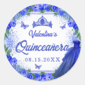 Sticker Rond Royal Blue Parties scintillant Floral Sparkle Quin (Devant)