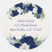 Sticker Rond Royal Blue Roses et Eucalytus Nom et adresse (Devant)
