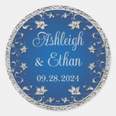 Sticker Rond Royal Blue, Silver Grey Floral Mariage (Devant)