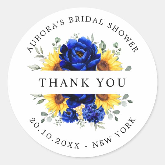 Sticker Rond Royal Blue Sunflower Bridal douche merci (Devant)