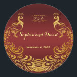 Sticker Rond Royal Burgundy Gold Peacock Mariage personnalisé<br><div class="desc">Unique Design featuring Royal Burgundy Gradient background and abstract Gold Sparkling Peacocks for your special wedding event. C'est It qui veut le style de l'art de l'art. C'est différent ! Personalize with your own information. If you need to move the text, or change the size, font, or color, click Customize...</div>