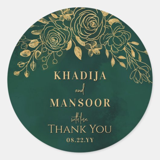 Sticker Rond Royal Emerald Green Gold Floral Mariage Merci (Devant)