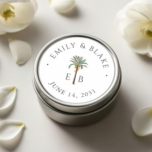 Sticker Rond Royal Palm Logo Elegant Tropical Monogram Wedding