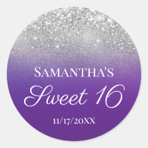 Sticker Rond Royal Purple Silver Ombre Pailleté Sweet 16