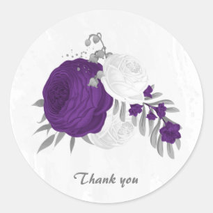 Sticker Rond royal violet et fleurs blanches argent