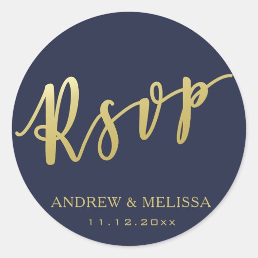 Sticker Rond RSVP | Faux Gold Brush Script - Mariage bleu marin (Devant)
