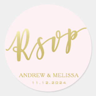 Sticker Rond RSVP   Faux Gold Brush Script - Mariage rose