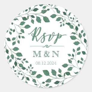 Sticker Rond RSVP   Mariage de monogramme de couronne Feuille v