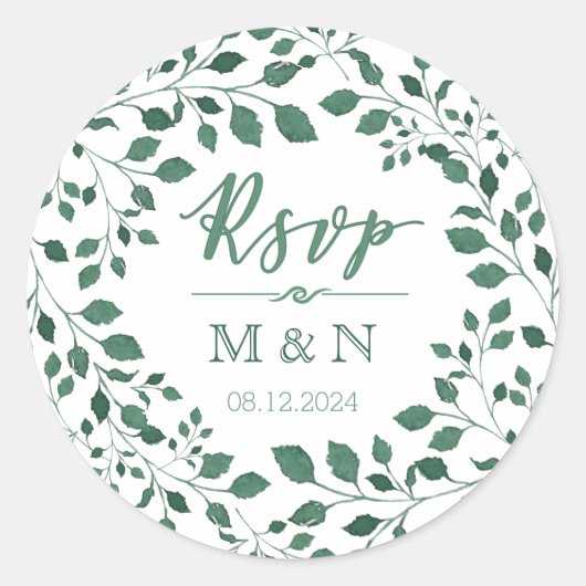 Sticker Rond RSVP | Mariage de monogramme de couronne Feuille v (Devant)