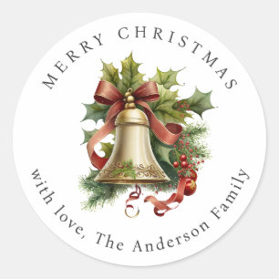 Sticker Rond Ruban Baies Houx Cloche de Noël Fêtes