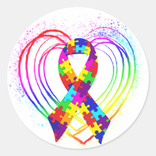 Sticker Rond Ruban d'autisme sur le coeur :