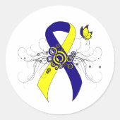 Sticker Rond Ruban de sensibilisation bleu et jaune avec papill (Devant)