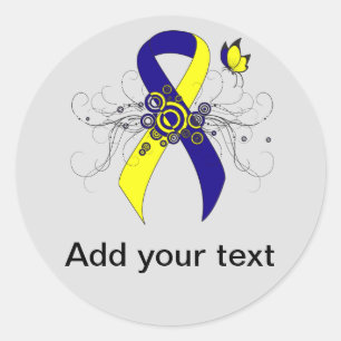 Sticker Rond Ruban de sensibilisation bleu et jaune avec papill