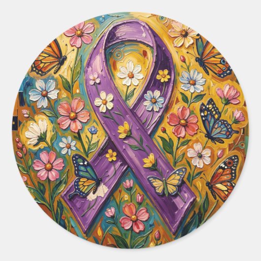 Sticker Rond Ruban de sensibilisation violet Fibro (Devant)